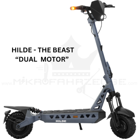 Der TRITTBRETT Hilde – The Beast E-Scooter mit kraftvollen Dual Motoren, robustem Design und flexiblen Antriebsoptionen. Ein Hochleistungs-E-Scooter mit bis zu 45 km Reichweite und Samsung Schnelllade-Akku für maximale Power und ungebremsten Fahrspaß.