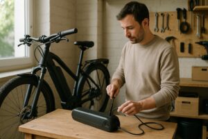 E-Bike Akku pflegen – Akku wird an einem hellen Werkplatz korrekt aufgeladen