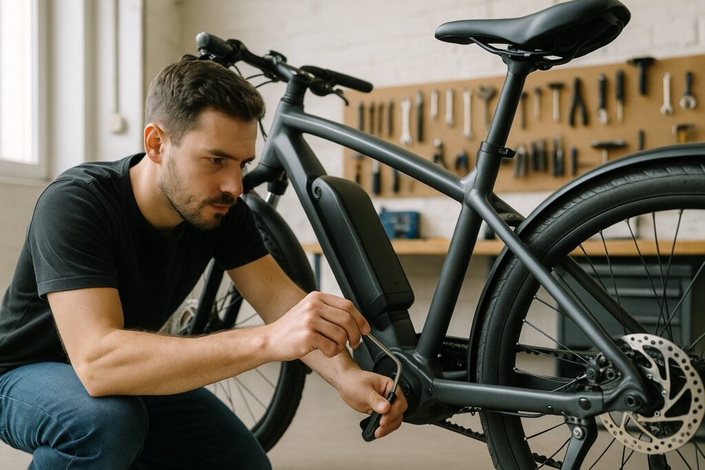 E-Bike Bremsen einstellen: Mechaniker richtet Scheibenbremssattel an einem E-Bike aus