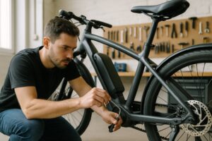 E-Bike Bremsen einstellen: Mechaniker richtet Scheibenbremssattel an einem E-Bike aus