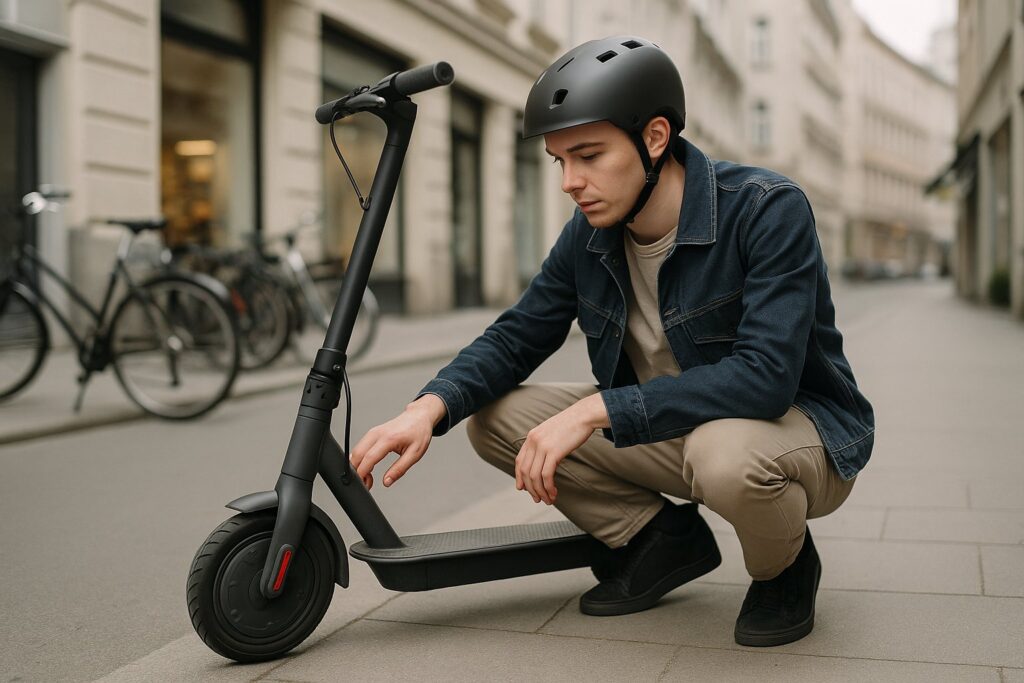 E-Scooter Vermieter Haftung 2026 – Fahrer prüft Leih-Scooter vor Fahrtantritt in der Stadt