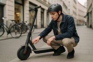 E-Scooter Vermieter Haftung 2026 – Fahrer prüft Leih-Scooter vor Fahrtantritt in der Stadt