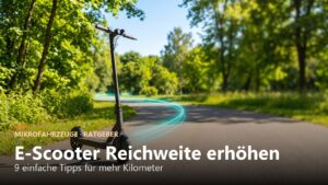 E-Scooter auf sonnigem Radweg – Reichweite erhöhen
