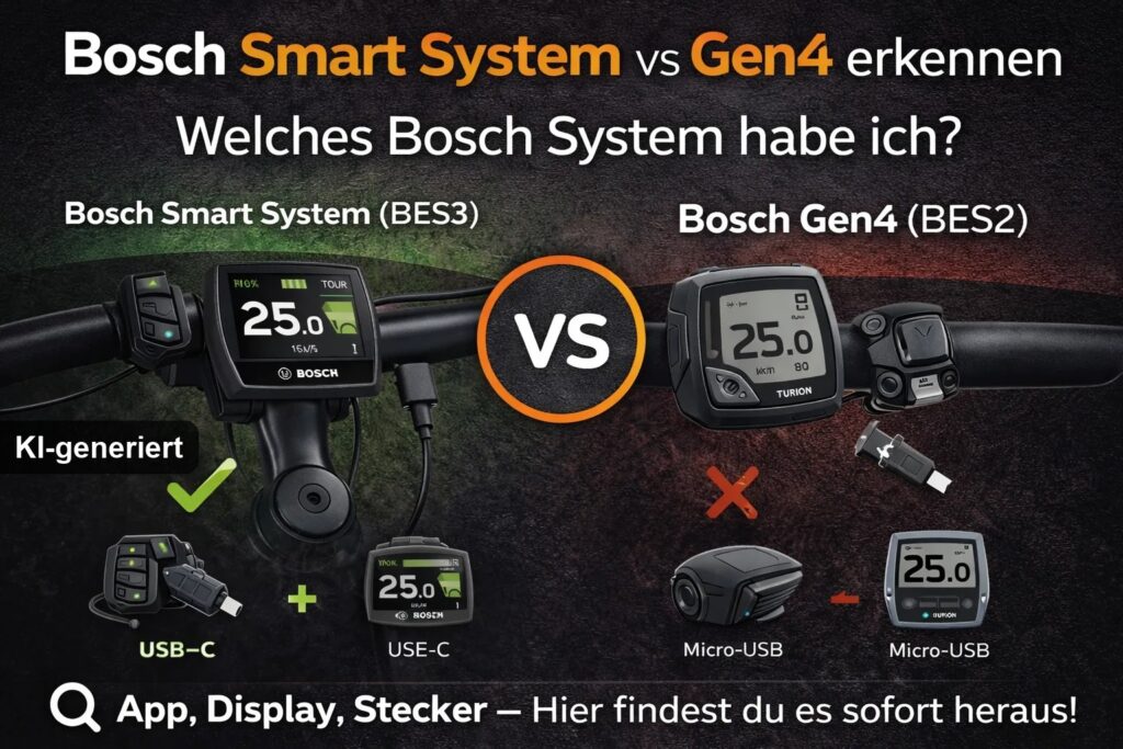 Bosch Smart System vs Gen4 erkennen – ALLE Unterschiede (Display, App, Ladeanschluss & Stecker) (KI-generiertes Bild)