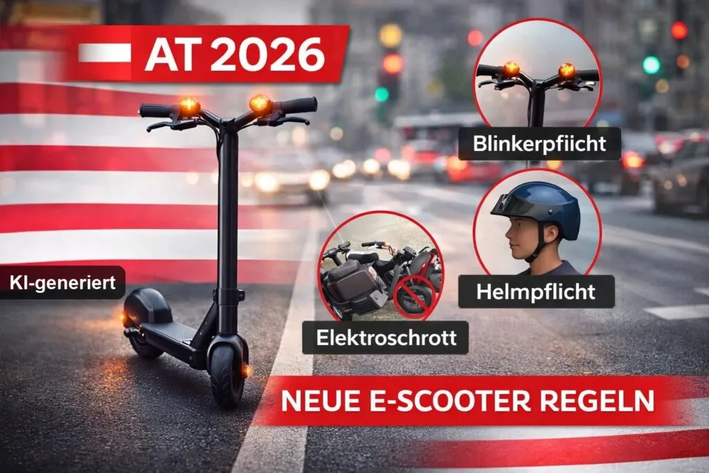 Österreich E-Scooter Regeln Neu 2026 Blinker, Helmpflicht. (KI-generiertes Bild)