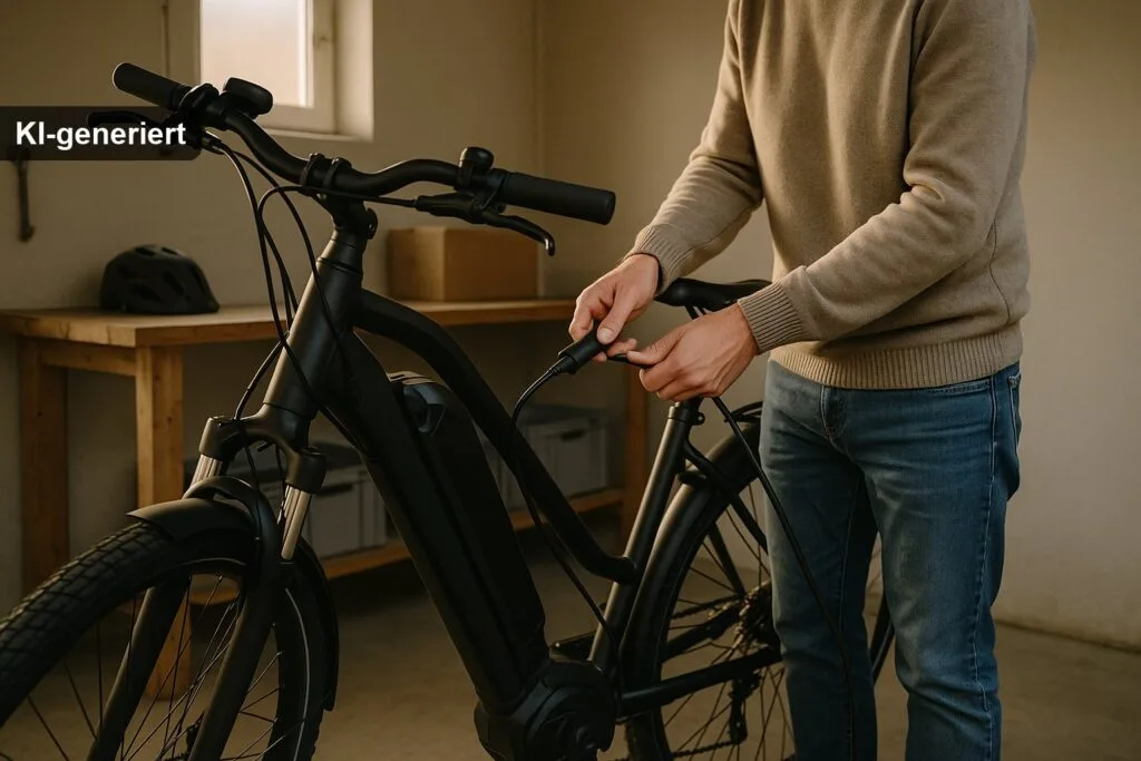 E-Bike Akku laden – Ladegerät an Akku angeschlossen in heimischer Garage (KI-generiertes Bild)