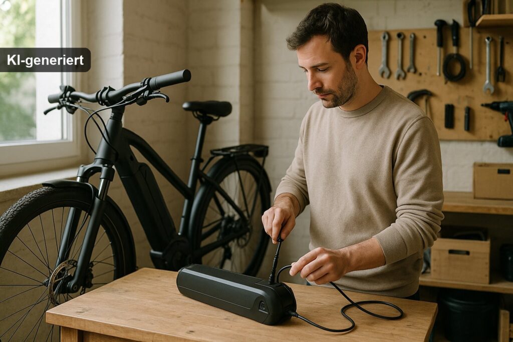 E-Bike Akku pflegen – Akku wird an einem hellen Werkplatz korrekt aufgeladen (KI-generiertes Bild)