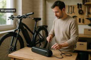 E-Bike Akku pflegen – Akku wird an einem hellen Werkplatz korrekt aufgeladen (KI-generiertes Bild)