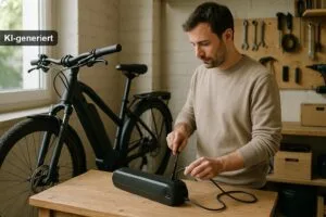 E-Bike Akku pflegen – Akku wird an einem hellen Werkplatz korrekt aufgeladen (KI-generiertes Bild)