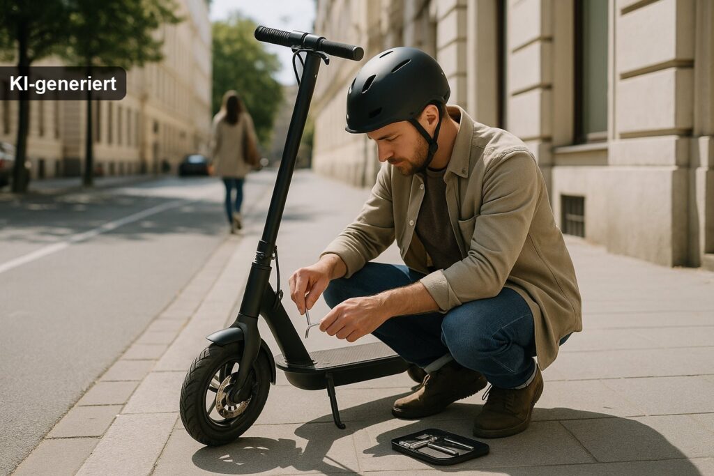 E-Scooter Bremsen einstellen: Hand justiert Bremssattel einer mechanischen Scheibenbremse (KI-generiertes Bild)