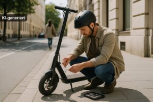 E-Scooter Bremsen einstellen: Hand justiert Bremssattel einer mechanischen Scheibenbremse (KI-generiertes Bild)