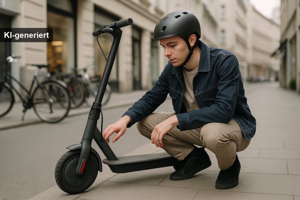 E-Scooter Vermieter Haftung 2026 – Fahrer prüft Leih-Scooter vor Fahrtantritt in der Stadt (KI-generiertes Bild)