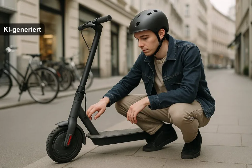 E-Scooter Vermieter Haftung 2026 – Fahrer prüft Leih-Scooter vor Fahrtantritt in der Stadt (KI-generiertes Bild)