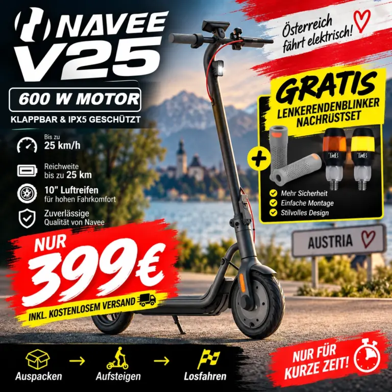 Navee V25 E-Scooter Aktion mit gratis Lenkerendenblinker Nachrüstset