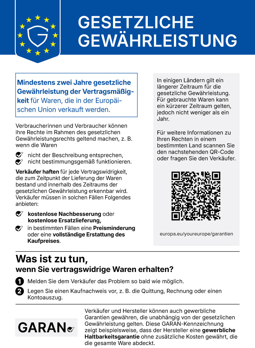 Offizielle EU-Mitteilung zum gesetzlichen Gewährleistungsrecht: mindestens zwei Jahre gesetzliche Gewährleistung in der EU. Verkäufer haften für Vertragswidrigkeiten und bieten kostenlose Nachbesserung, Ersatzlieferung, Preisminderung oder vollständige Erstattung. Bei Problemen den Verkäufer informieren und einen Kaufnachweis vorlegen.