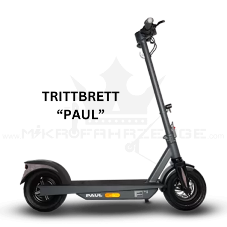 Der TRITTBRETT PAUL E-Scooter mit Bosch-Motor und LG-Akku – Hochleistungs-E-Scooter mit bis zu 75 km Reichweite, integriertem Blinksystem und 11-Zoll-Reifen für Komfort und Sicherheit.