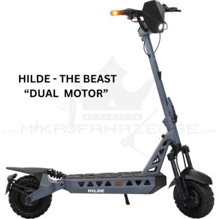 Der TRITTBRETT Hilde – The Beast E-Scooter mit kraftvollen Dual Motoren, robustem Design und flexiblen Antriebsoptionen. Ein Hochleistungs-E-Scooter mit bis zu 45 km Reichweite und Samsung Schnelllade-Akku für maximale Power und ungebremsten Fahrspaß.